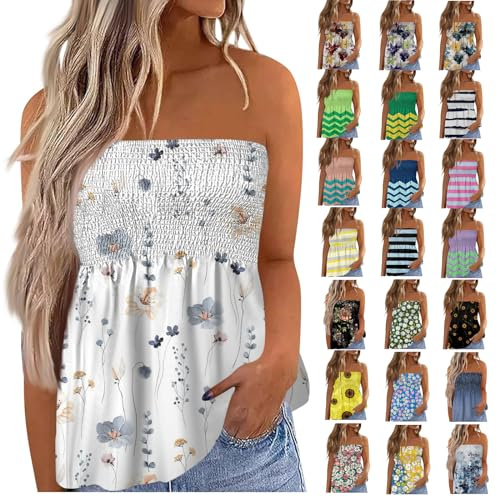 Singular-Point Débardeur Femme,Femmes Bustier Bandeau Tops Grande Taille Tops Sexy Été Tunique sans Manches T-Shirt Floral Debardeur Ample Haut Dos Nu Cadeau Femme,Blanc,XXL,B33