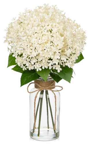 Briful Fleurs artificielles d'hortensia dans un vase en verre, 35,1 cm avec fausse eau blanche pour décoration, faux hortensia avec vase pour centres de table, décoration d'intérieur