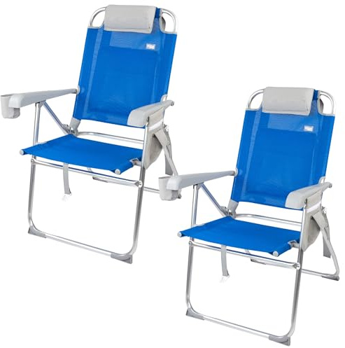 AKTIVE Pack 2 sillas de Playa Plegables, 47x63x99 cm, 8 Posiciones, Color Azul, Soportan 110 kg, Incluyen cojín, Posavasos, Bolsillos, Asas de Transporte, Topes antivuelco, Tejido textileno (85482)