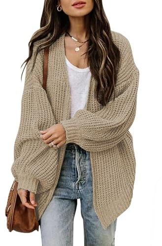 Jhsnjnr Women's Chunky Knit Open Front Sweater Long Lantern Sleeve Oversized Knitwear Cardigans