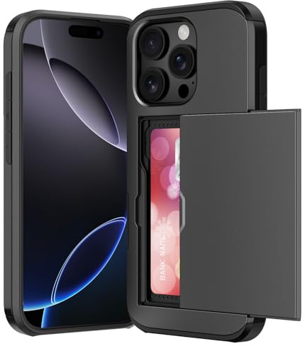 ACOCOBUY Sliding Case with Card Holder for iPhone 16 Pro Phone Cover 6.3 | Hidden Pocket IDs Credit Slot Heavy Duty Shockproof Protective Hard PC Soft TPU Wallet Phone Case Back Shell Men Women Black