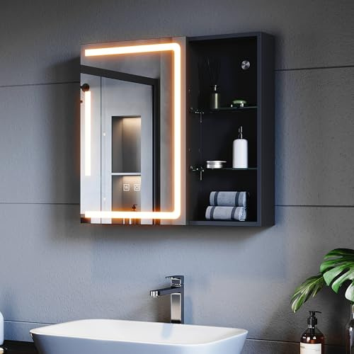 SUNXURY Bad Spiegelschrank mit Beleuchtung und Steckdose, 650x600mm, Metall Badschrank mit Spiegel und und Regale, 3 Farbtemperatur dimmbare, Antibeschlag, Schwarz