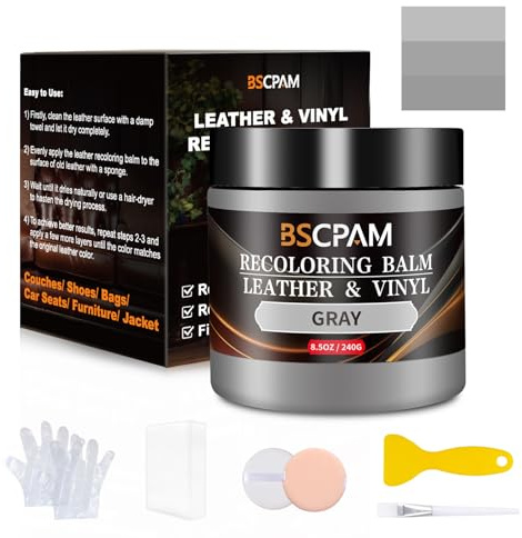 BSCPAM Riparazione Pelle Kit,Grigio Tintura Pelle,Ripara Pelle Divano per Graffi/Macchie,Rinnova Volante in Pelle,Sedili Auto,Divano,Sofa,Giacca,Scarpe,Sella Riparare Sbiaditure,Crepe,Graffi sul Cuo