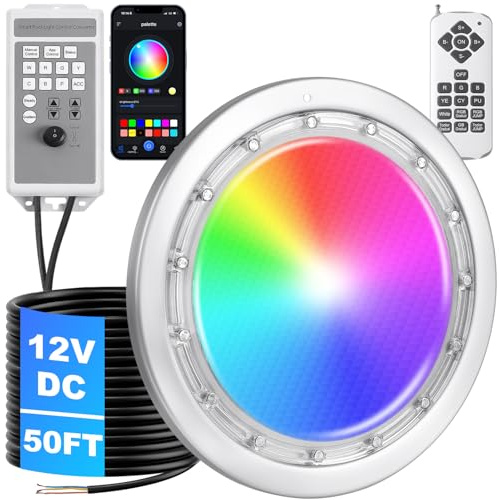 FixOasis Led Pool Lights for Inground Pool, 12v Pool Light with 50FT Cord, 60W 10 Inch Led Pool Light with Controller, Remote and APP Control, Suitable for Most 10 Inch Wet Niche, IP68