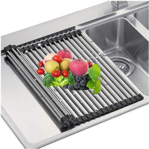 Escurridor de platos plegable de acero inoxidable con diseño enrollable multiusos negro (34 x 33 cm, 46 x 33 cm)