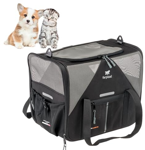 Ferplast Hundebox Voyager Carrier, Transportbox Katze, Hundetasche, verstellbare Griffe und Schultergurt, Sicherheitsgurt, beidseitige Öffnung, mit Kissen, max. 15 kg, 45 x 30 x h 33 cm, Schwarz