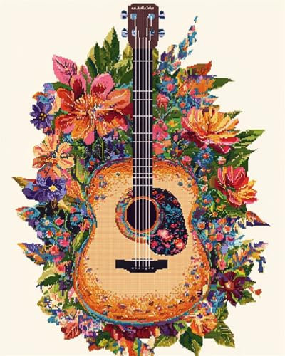 AYAOYANGGO 11CT Kreuzstich Set Stickset Mit Gitarre Und Blumen. Bunte Musikinstrumente. Kreuzstich-Set Für Erwachsene Mit Nadeln，Schereneinfädler，Vordruck Für Die Wanddekoration Zu Hause 40x50cm