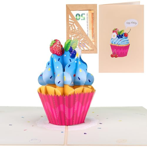 Sweetpopup® Pop Up Karte Cupcake – 3D Geburtstagskarte „Happy Birthday“ – Glückwunschkarte mit extra Gutschein- oder Geldgeschenkverpackung zum Geburtstag oder Jubiläum, 104