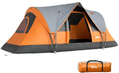 Outsunny 5 Man Camping Tent, Large Tunnel Tent, UV Protection 3000mm, Water Resistant Hiking Shelter with Groundsheet and Carry Bag, 455L x 220W x 180H cm, Orange