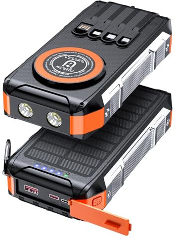 26800mAh Power Bank Solar Inalámbrica con 4 Cables:30W de Carga Rápida Magnética, Cargador Portátil USB C 7 Salidas,Batería Externa con Linterna, Ideal para Móviles Tablets Outdoor (Negro Naranja)