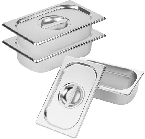 Gemsaya 3PCS Stainless Steel Gastronorm Pan 1/3 with Lid, Stainless Steel Food Containers with Lid, Capacity: 2400ml, Deep Food Container Storage Box, 32.5 x 17.5 x 6.5 cm, Silver