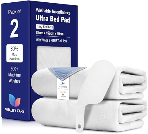 Vitality Care Waterproof Mattress Protector, Reusable Bed Pad for Incontinence, Washable, Absorbs 8 Cups, Tuck Design, King Size 86x152 cm, White