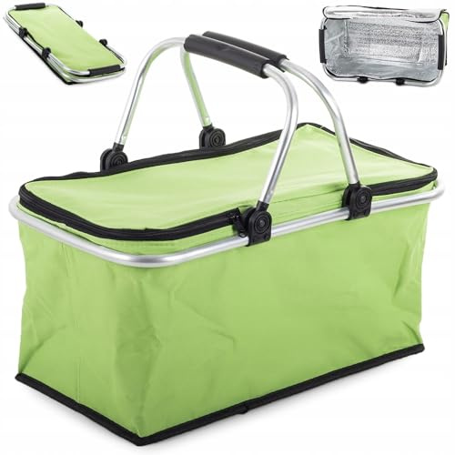 Cestino Termico Picnic, Pieghevole Portatile Pranzo Aperto, Cesto Gite Mare Montagna Parco, Caldo Freddo Alimenti Bevande Lungo, Comfort Maniglie Cerniera Fondo Rigido Anti Scivolo (VERDE FLUO)
