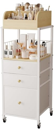Makeup Organizer Cart with Drawers, Make up Organizers for Vanity, Floor Skincare Organizers- for Cosmetics, Nail Polish, Art Supply, Bathroom Vanity Desktop Organizer (White)