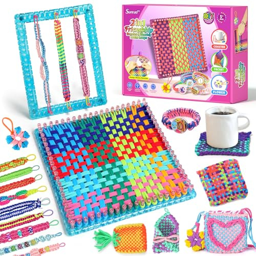 Sunrad DIY Arts and Crafts for Kids,2-in-1 Friendship Bracelet Making Kit | 2-in-1 Weaving Loom Kit Toys Ages 5 6 7 8 9 10 11 12 Years Old Girl Gift Birthday Christmas Bracelet & Coaster & Bag