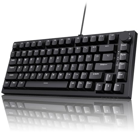 AJAZZ AK820 Wired Mechanical Keyboard, 75% QWERTY Layout 82-Key Hot-Swappable Gaming Keyboard with Volume Control Knob, PBT Keycaps, Red Switches, White North-Facing LED Lighting Effect, Black