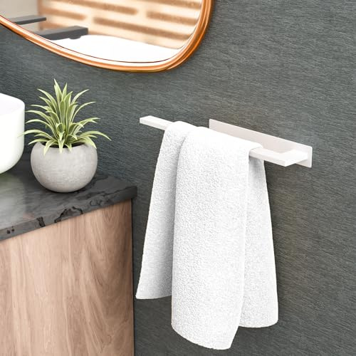 ORZAC Portasciugamani da bagno senza trapano, bianco, 39,3 cm, in acciaio inox con barra rettangolare, riutilizzabile con nastro adesivo extra, per pareti lisce - ideale bagno e cucina