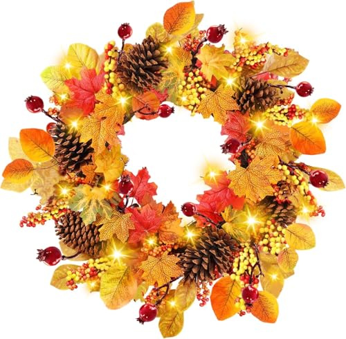 18inch Autumn Wreath Front Door with Hanger,Pinecones Autumn Door Wreaths Halloween Wreath Hanging Indoor Outdoor, Fall Wreath for Halloween Decorations, Harvest Festival Thanksgiving Decor (Orange)