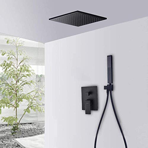 Ensemble de Douche encastré, pommeau de Douche Noir avec Flexible de 20 cm, pommeau de Douche à Effet Pluie, pommeau de Douche carré à surpression, mitigeur pour Salle de Douche (D