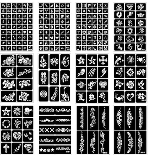 12 Blatt Tattoo Schablonen für Temporäre Tattoos, Henna Schablonen Set für Körperbemalung und Gesichtsbemalung, Party Körperkunst
