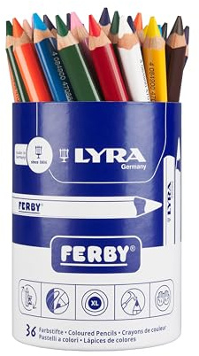 LYRA Ferby Buntstifte lackiert 12cm Runddose Karton 36 Stk. | Dreikant, lackiert, Mine 6,3mm, 12 Farben je 3 Stk.