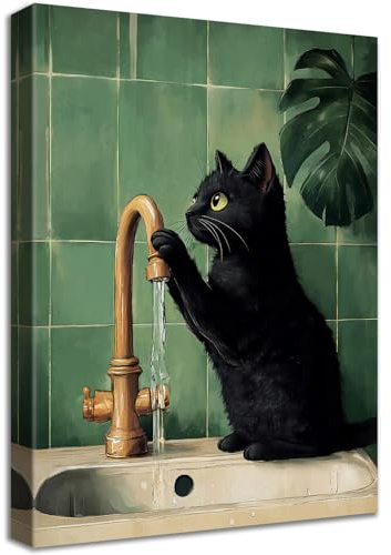 HALFLEMART Stampa su tela Con Cornice Divertente Gatto Nero Pittura Verdi Gatto Gattino che Legge il Giornale sul Water Quadri su tela Quadri Moderni Bagno Vasca da Bagno WC Stampe da Parete 30x40cm