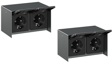 ledscom.de 2 pièces prise de courant en saillie STEDDA, IP44, acier inoxydable - prise murale résistante aux intempéries, anthracite, horizontale, avec 2 prises de courant pour le jardin, la