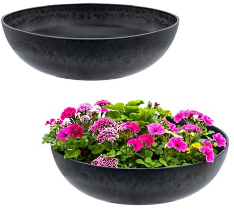 Spetebo Växtskål i plast massiv stenutseende 30 cm svart – set om 2 – premium blomskål marmorerad för utomhus- och inomhusbruk – trädgårdsdekoration, blomkruka, växtkärl, dekorativ skål, betong