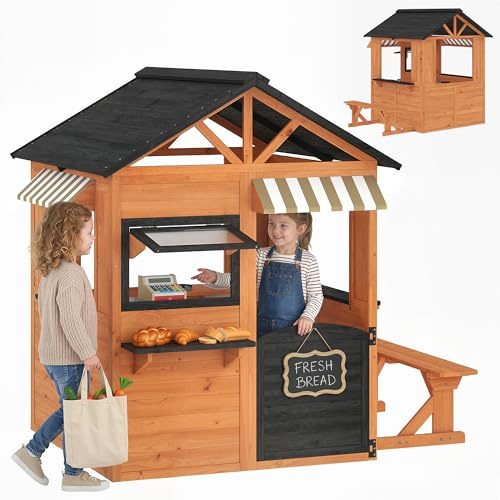 AIYAPLAY Utomhus barnstuga i trä, barnhus utomhus/inomhus med lekkök, serveringsbänk, fönster, dörr och bänk, lekhus för 3–8 år, 171,5 x 146 x 156 cm, brun