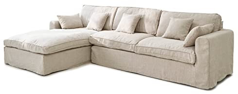 Loberon Sofa Seaford, mit eingebauter Récamière, hochwertig in der Verarbeitung, inkl. fünf Kuschelkissen, abnehmbare Bezüge, Couch, Sitzmöbel, Kiefernholz, Leinen, Polyester, beige