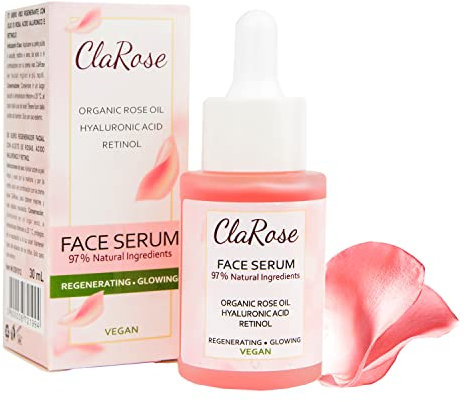 ClaRose Hyaluronic acid Anti-ageing Face Serum with Organic Rose oil and Retinol made with 97% natural ingredients, 30ml
