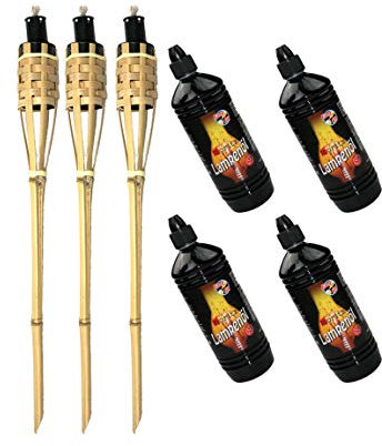 Moritz 3X Bambusfackeln Fackel Deluxe 60 cm Standard Natur + 4X 1000ml Lampenöl Gartenfackel Ölfackeln Garten Deko Öllampe Wegleuchte