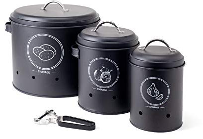 Hanseküche Vorratsbehälter Set mit Sparschäler - Hochwertiger Kartoffeltopf, Zwiebeltopf und Knoblauchtopf zur Aufbewahrung von Gemüse - Stilvolle Vorratsdosen für die Küche - Luftdicht (Schwarz)