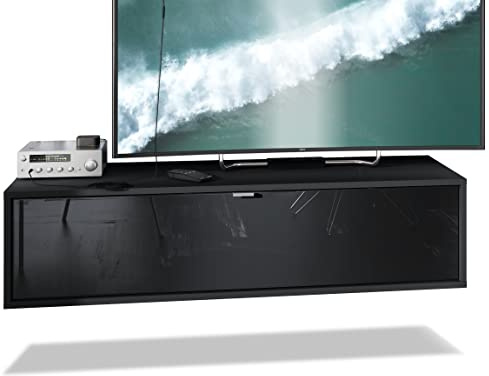 Vladon TV Board Lana 120 Hängeschrank Lowboard 120 x 29 x 37 cm, Made in Germany, Korpus in Schwarz matt, Fronten in Schwarz Hochglanz | Große Farbauswahl