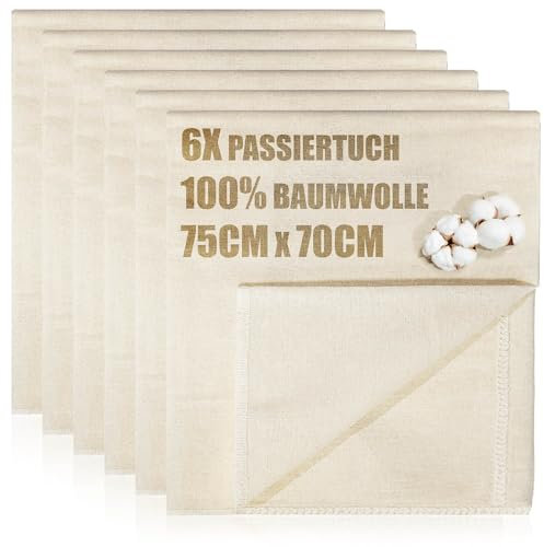 com-four® 6x Bäckerleinen, Seihtuch, Passiertuch, Knödeltuch 75 x 70 cm aus 100% Baumwolle - Gewebte Tücher für Teigzubereitung - Reißfest bei hoher Feuchtigkeit - Seiher, Leinentuch, Käsetuch