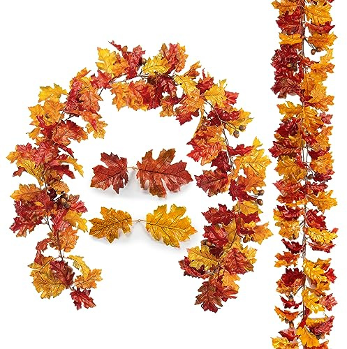 Oairse 2er-Set Künstliche Eichenblatt mit Eichel Herbstgirlande Ahornblatt Herbstlaub Heimdekoration Indoor Outdoor Dekoration für Hausgarten Hochzeit Kamin Party, Erntedankfest, Autumn Decor, 170cm