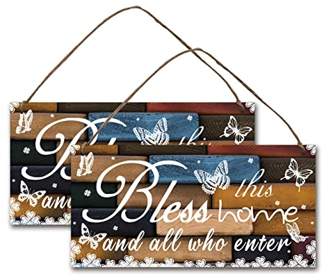 nbeads 2 Pcs Panneau de Bienvenue Porte d'entrée, Bless Home Sign Decor Plaque en Bois Naturel Décor Murale de Ferme Rustique Mot et Papillon Motif Décorations avec Ficelle de Jute, 30x15cm