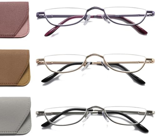 Hubeye Lunettes de lecture demi-monture en métal fin demi-lune rétro ultra fines avec charnières à ressort pour homme et femme