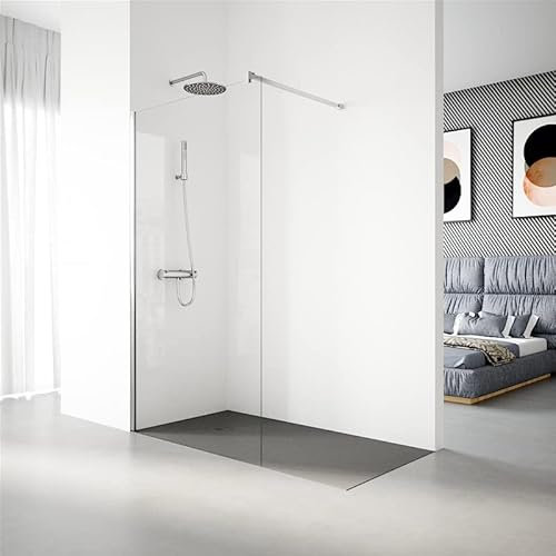 Mampara de Ducha Fija modelo SERIE 100 de 90x195 cm - Vidrio Templado, Antical, Transparente y Reversible de 1 Hoja de 6 mm - Con Barra Estabilizadora y Perfil color Plata Alto Brillo - REALSHOWER