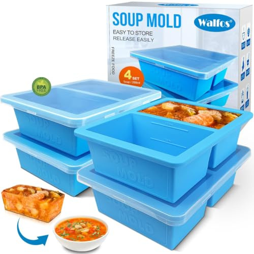 Walfos Silikon-Suppen-Gefrierschrank-Behälter mit Deckel, extra große 1-Tasse-Suppen-Gefriertablett für Suppe, Soße und Eis, 4 Packungen