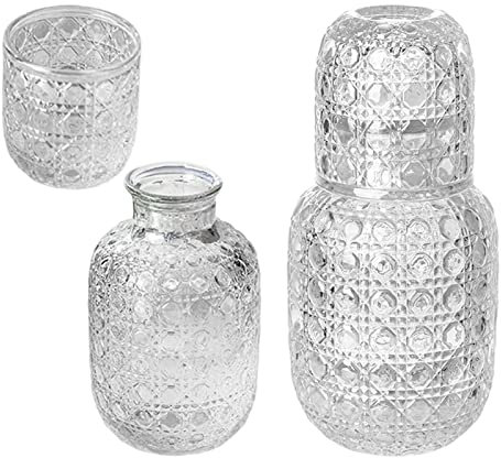 2 pezzi Comodino Caraffa e Vetro Vintage Night Caraffa con Vetro Spessa Comodino Acqua Caraffa e Vetro Set Vetro Trasparente con Tazza