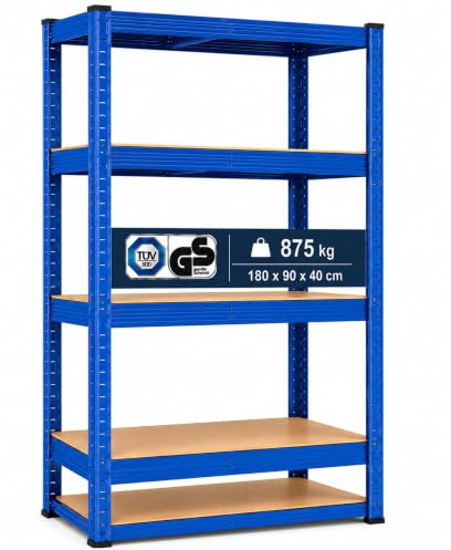 Arebos Schwerlastregal 180 x 90 x 40 cm | 875kg Tragkraft | 0,63 mm | 5 MDF-Platten | Einfache Montage durch Stecksystem Regal Lagerregal Kellerregal Steckregal Werkstattregal | Blau