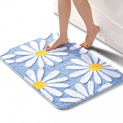 QJHOMO Blau Badezimmerteppich Niedliche Gänseblümchen Badematte rutschfest Waschbar Badteppich Weiße und Gelbe Blume Badvorleger Weiche Duschvorleger Absorbierende Badezimmer Teppich 60x90 cm