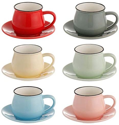 Winlauyet Lot de 6 tasses à expresso en porcelaine de 105 ml avec soucoupes Tasse à café et à thé