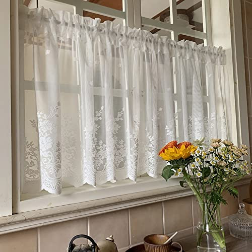 XFAK Blau Bistrogardine Kurze Scheibengardine Boho Scheibengardine Landhausstil Querbehang Spitze Stickerei Küchengardine Für Schlafzimmer Schrank (Color : White, Size : WxH/200x90CM)