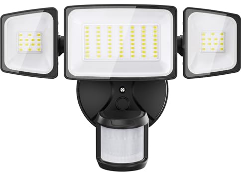 Onforu 42W Foco LED Exterior con Sensor Movimiento, 3 Cabezas 3900 LM Foco Exterior LED, IP65 luces de inundación al aire libre de luz del sensor, 6500 K Blanco Frío para Jardín, Patio, Garaje,
