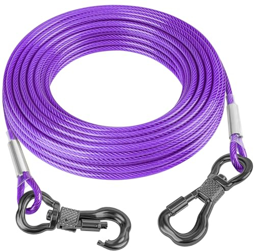 Tresbro 15FT Reflective Tie Out Cable for Dogs Up to 250 Pounds, Steel Wire Lead Leash Cable with Stainless Dual Fix Buckle, Lightweight and Enduring, Dog Chains for Outside, Yard, Camping, Purple