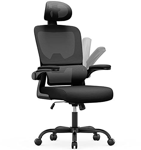 naspaluro Ergonomic Office Chairs, High Big Study Desk Computer Chair with Back Support, Adjustable Headrest and Flip-up Armrests Black Work Chair, Swivel Comfy PC Mesh Office Chairs for Home Office