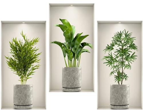 Fyihoxi 3 Stück Wandtattoo Pflanzen, 3D-Wandaufkleber mit Grünen Pflanzen, 45x23cm Wandtattoo 3D Effekt, 3D Wall Sticker Plants für Küche Schlafzimmer Büro Wanddeko