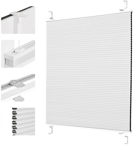 Grandekor Wabenplissee ohne Bohren Weiß-Weiß 65x220cm (BxH) | Verdunklungsplissee Klemmfix Plissee ohne Bohren Verdunkelung Thermo Rollo Wärmedämmung, Privatsphäre - & Sonnenschutz